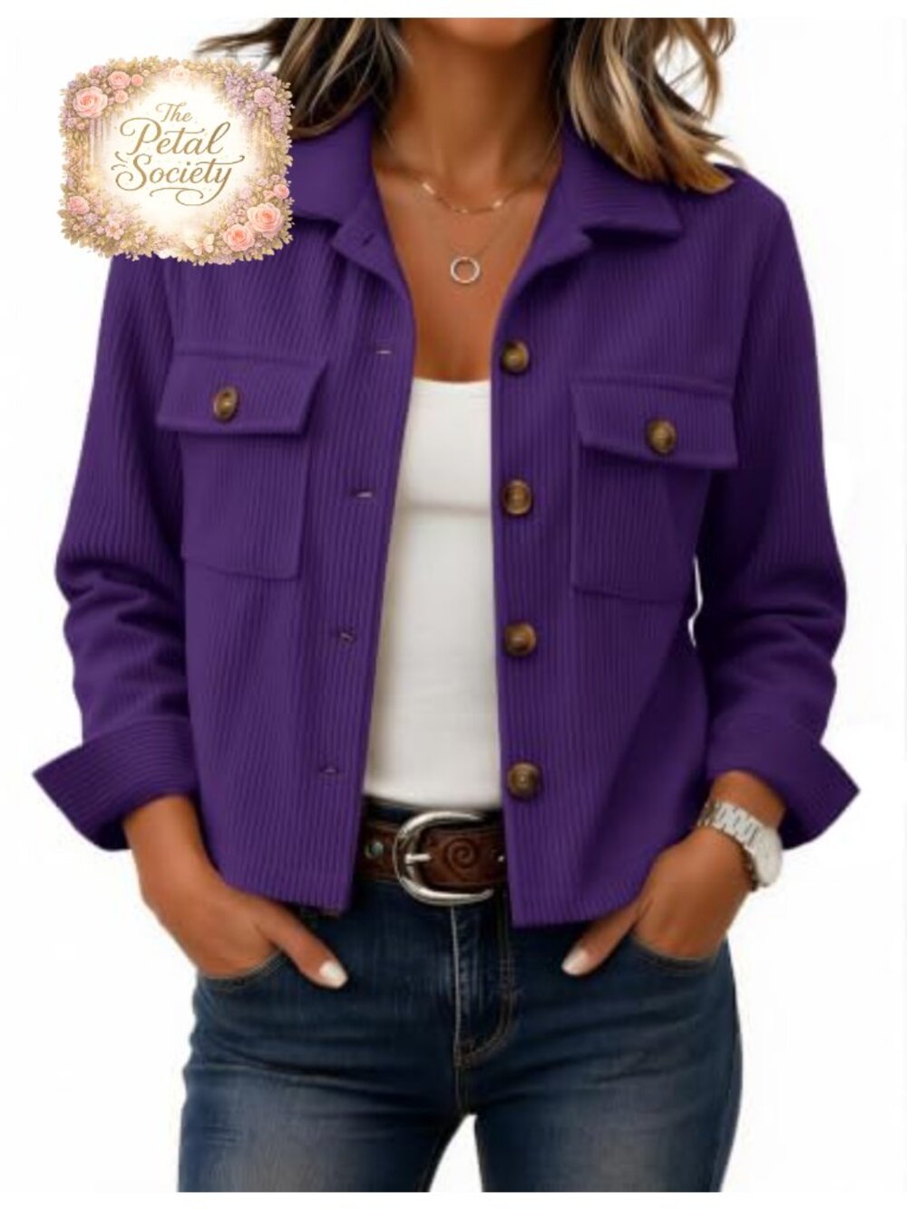 Cropped Corduroy Button Down Shacket Long Sleeve Casual Jacket